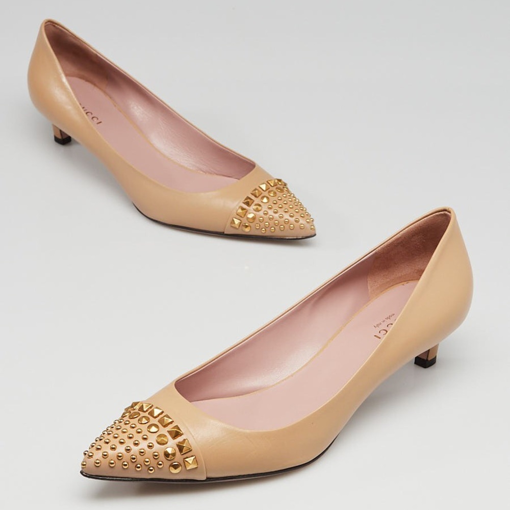 Gucci Studded Leather Pointed Kitten Pumps Nude